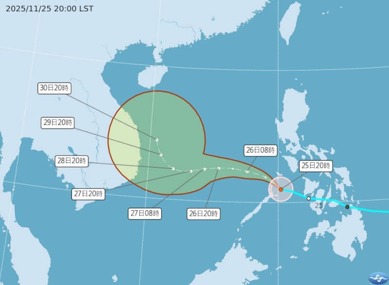 颱風天琴路徑潛勢預報。（圖取自氣象署網頁cwa.gov.tw）