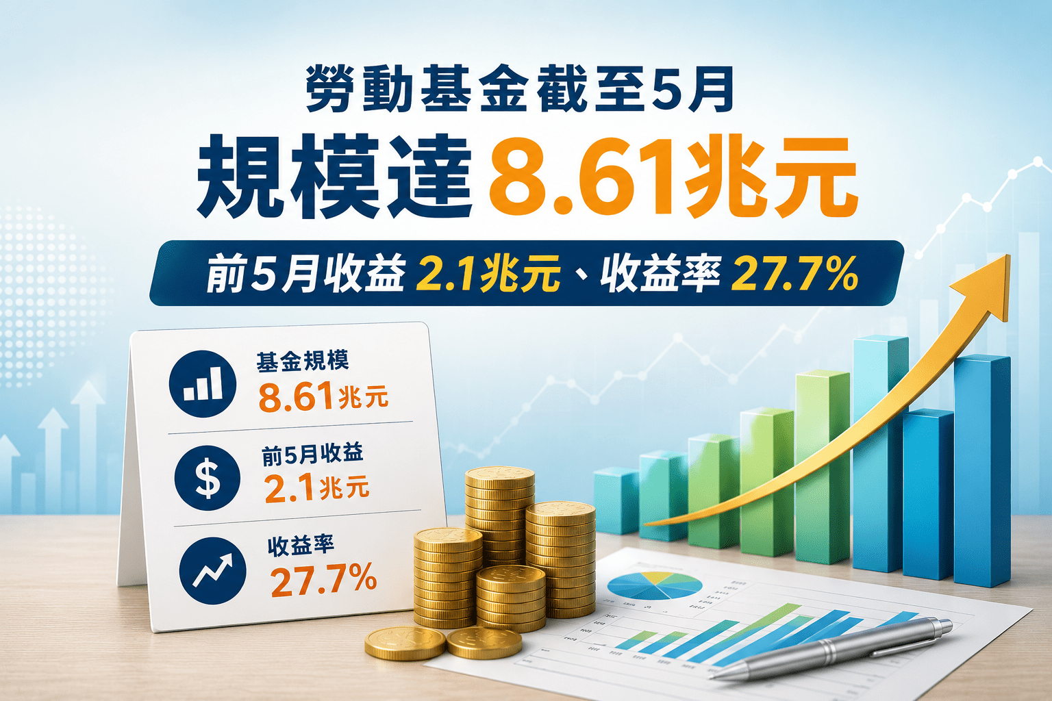 勞動基金截至5月規模達8.61兆元 前5月收益2.1兆元、收益率27.7% 勞動基金截至5月規模達8.61兆元 前5月收益2.1兆元、收益率27.7%