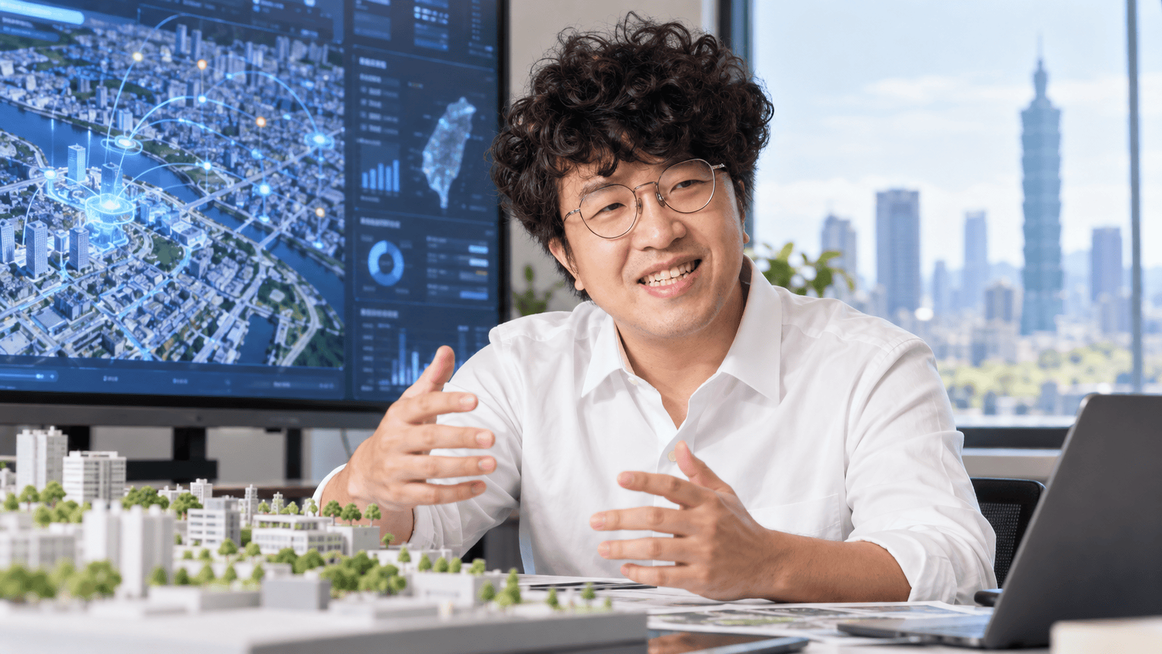 AI智慧城市與資料整合的AI寫實示意圖