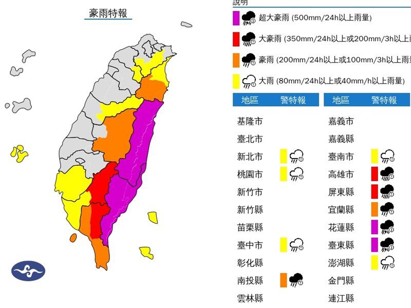 氣象署發布豪雨特報 花東雄屏地區嚴防超大豪雨 氣象署發布豪雨特報 花東雄屏地區嚴防超大豪雨