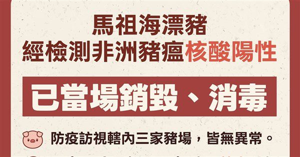 馬祖海漂豬檢出非洲豬瘟陽性  豬隻產品暫停輸台 馬祖海漂豬檢出非洲豬瘟陽性  豬隻產品暫停輸台