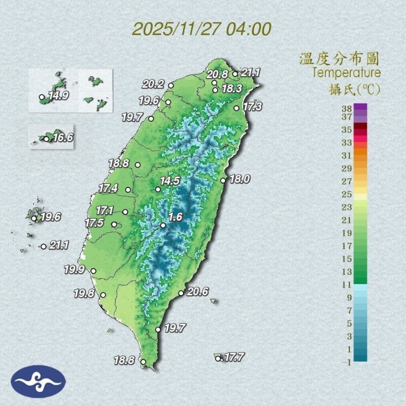 27日凌晨4時溫度分布圖。（圖取自氣象署網頁cwa.gov.tw）