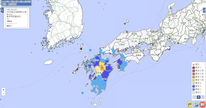 日本熊本縣阿蘇地方25日傍晚發生規模5.8、最大震度5強地震。（圖取自日本氣象廳網頁jma.go.jp）