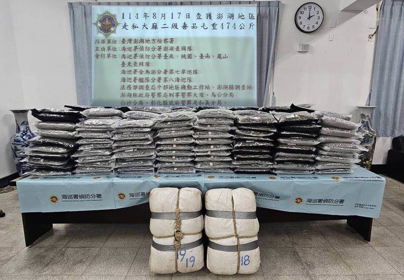 澎湖檢警調與海巡於民國114年8月間攜手查獲大麻走私案，高姓主嫌迄今在逃，已發布通緝，另有陳姓等5名接運犯嫌在偵結後被依法起訴。圖為檢警查扣大麻毒品等贓證物。（澎湖地檢署提供）中央社　114年11月27日