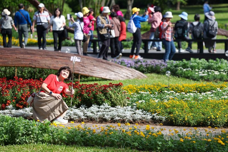 民眾30日參觀士林官邸菊展，並在花叢旁拍照。中央社記者吳家昇攝 114年11月30日