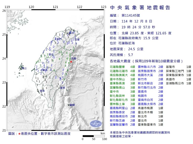 8日19時24分發生芮氏規模5.7地震。（圖取自氣象署網頁cwa.gov.tw）