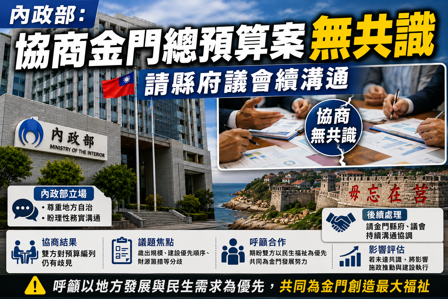 內政部：協商金門總預算案無共識　請縣府議會續溝通