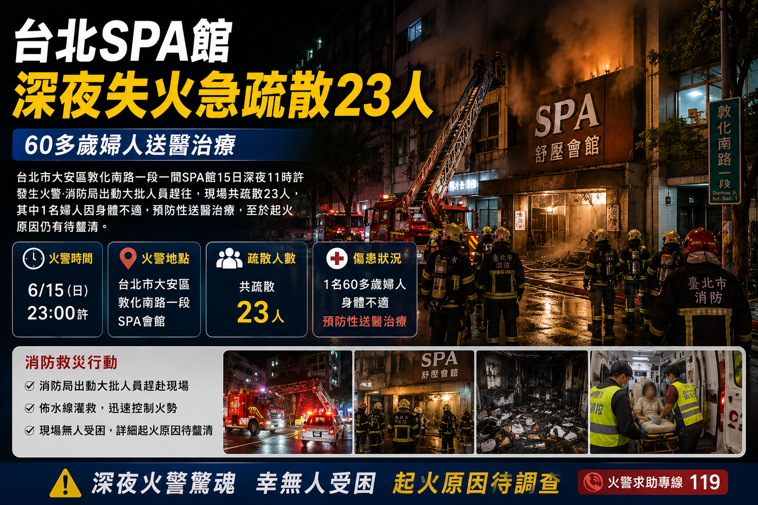 台北SPA館深夜失火急疏散23人　60多歲婦人送醫