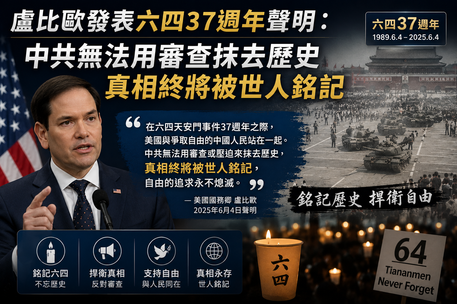 盧比歐發表六四37週年聲明：中共無法用審查抹去歷史 真相終將被世人銘記