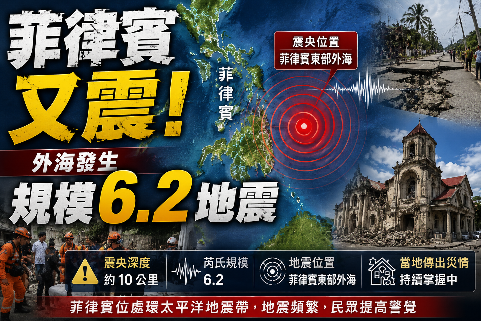 菲律賓又震！外海發生規模6.2地震