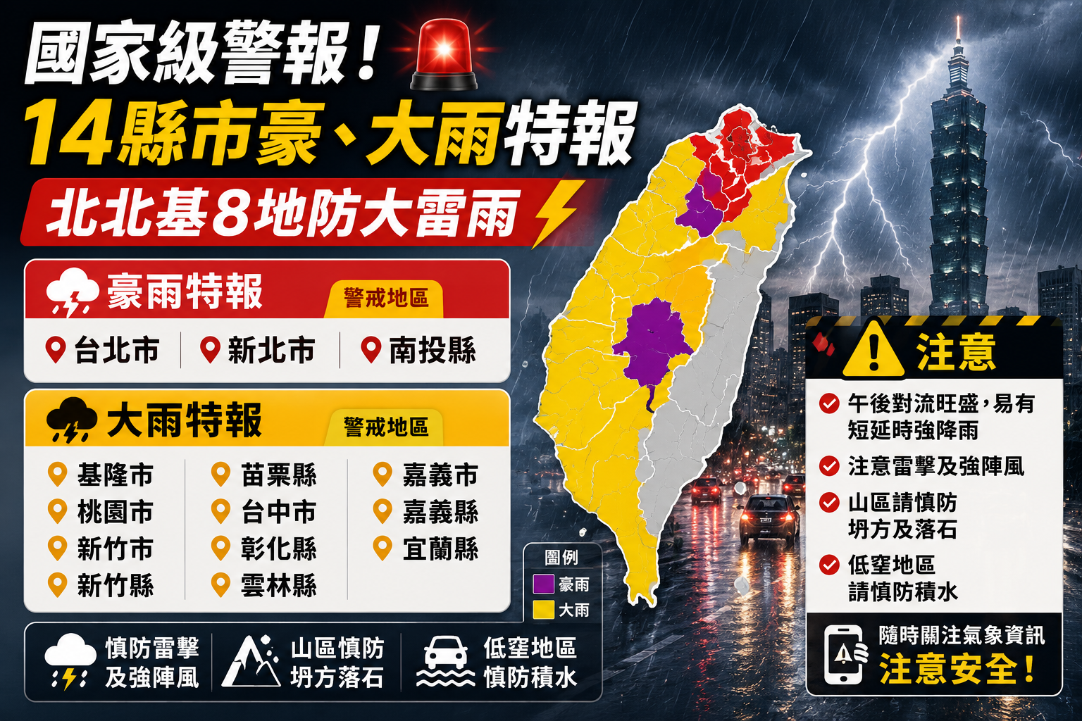 國家級警報！14縣市豪、大雨特報 北北基8地防大雷雨