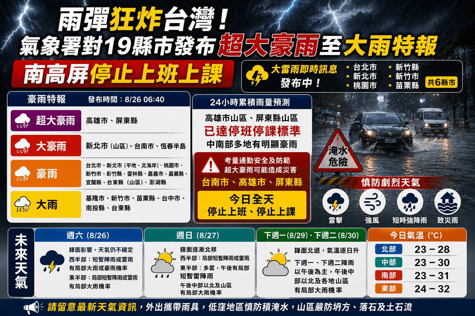 雨彈狂炸台灣！氣象署對19縣市發布超大豪雨至大雨特報　南高屏停止上班上課
