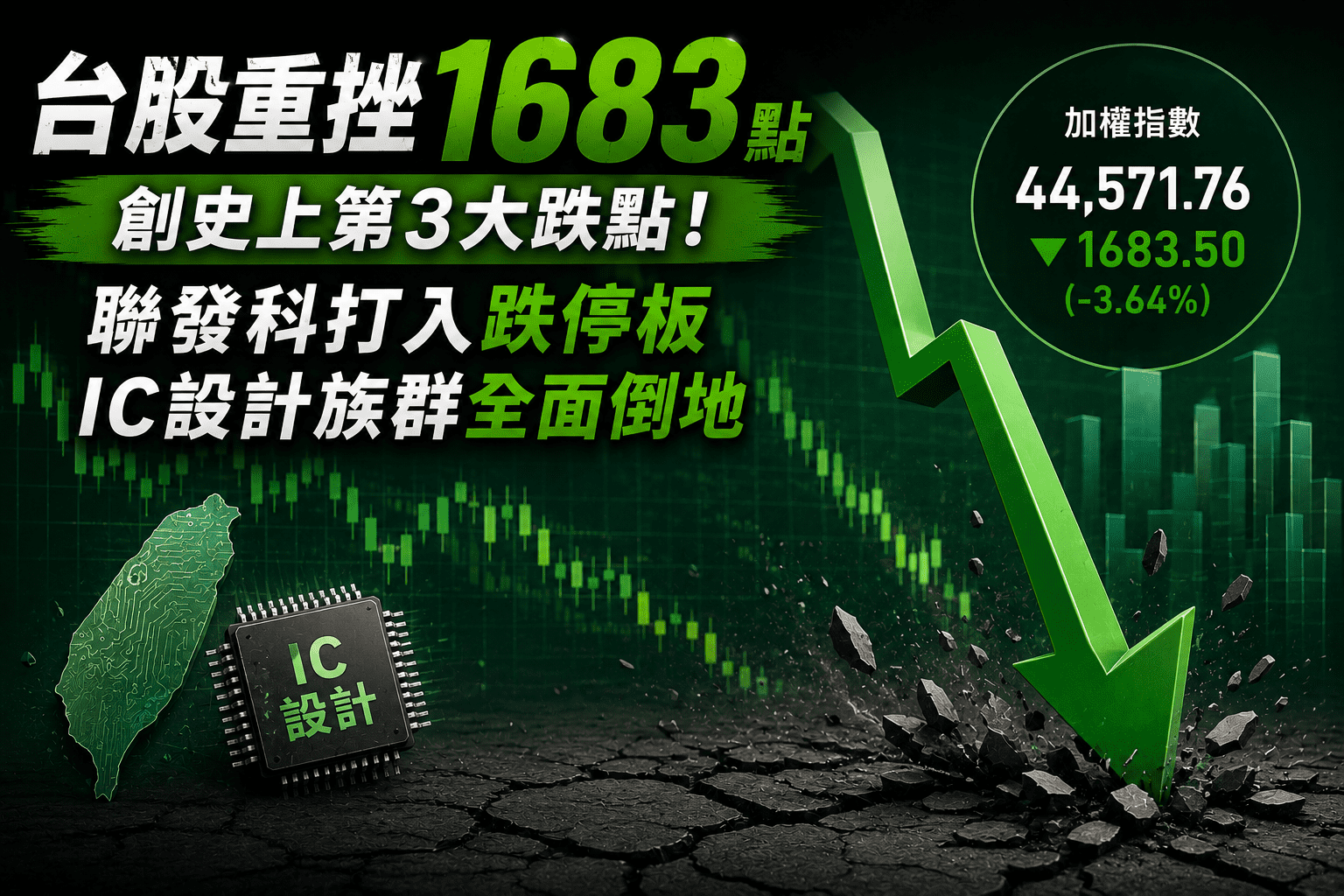 台股重挫1683點、創史上第3大跌點！聯發科打入跌停板、IC設計族群全面倒地