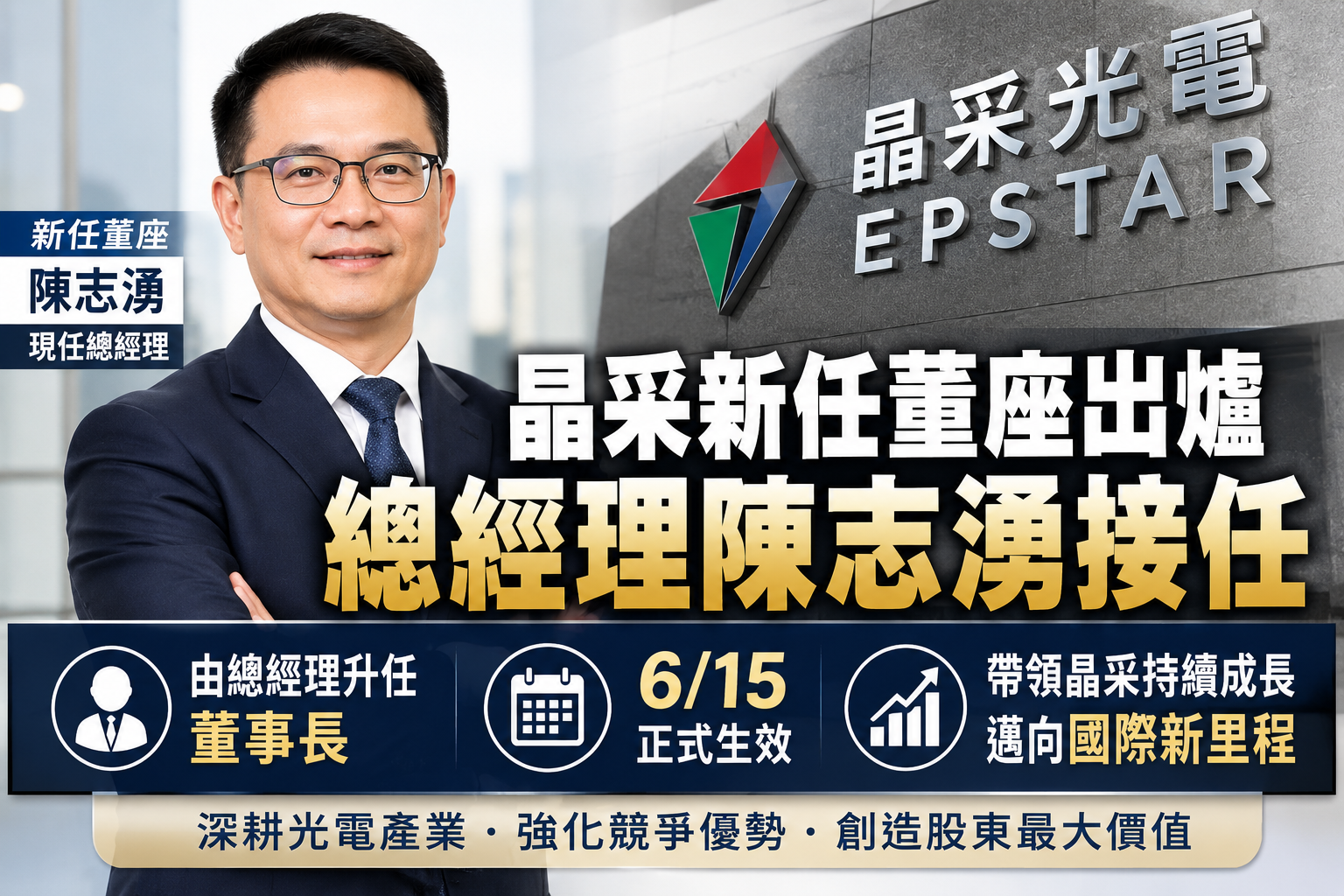 晶采新任董座出爐 總經理陳志湧接任 6/15生效 晶采新任董座出爐 總經理陳志湧接任 6/15生效