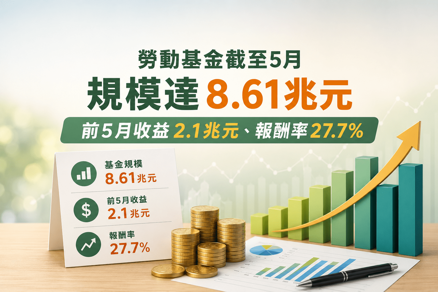 勞動基金截至5月規模達8.61兆元　前5月收益2.1兆元、報酬率27.7%