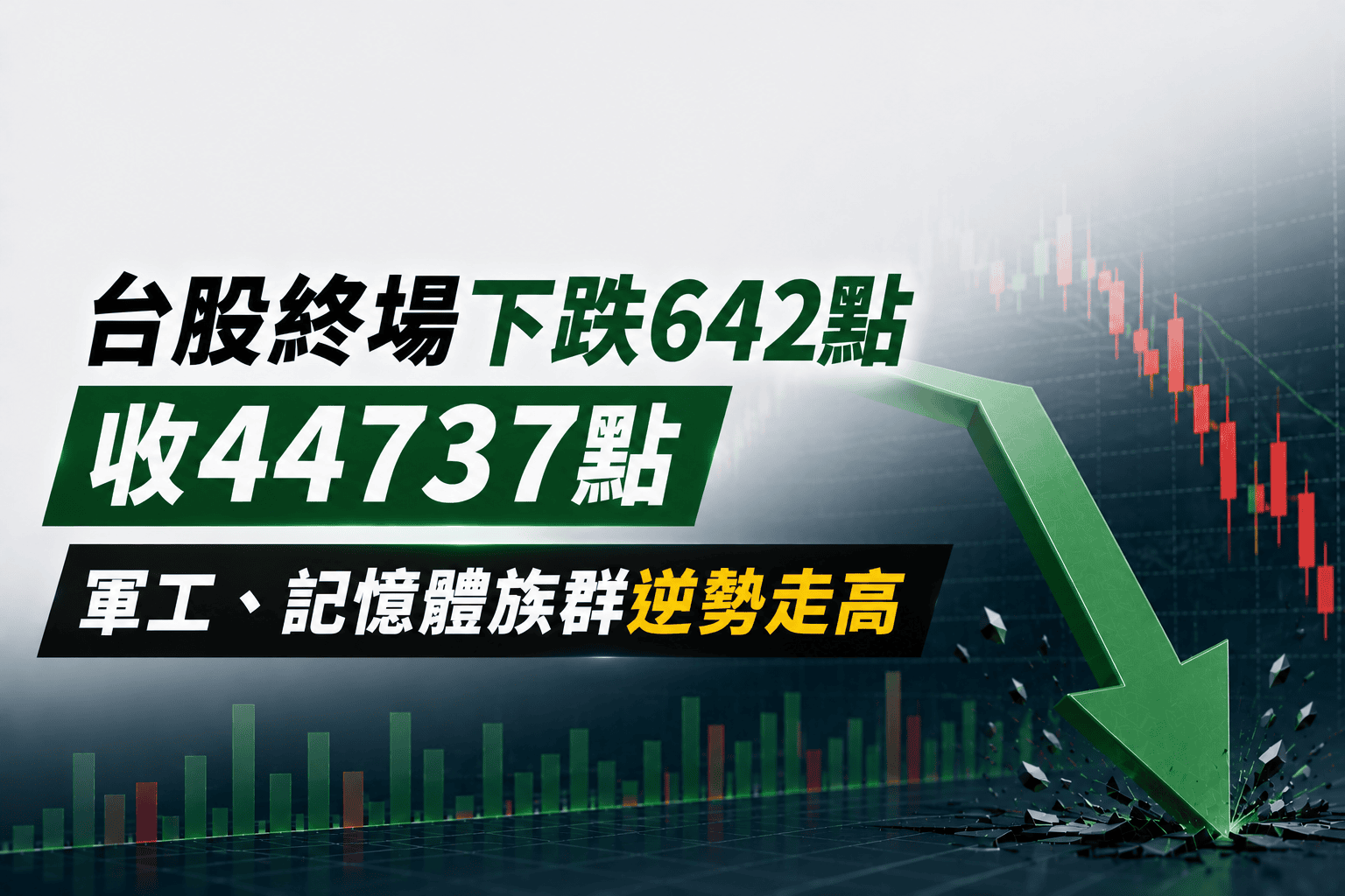 台股終場下跌642點收44737點 軍工、記憶體族群逆勢走高 台股終場下跌642點收44737點 軍工、記憶體族群逆勢走高