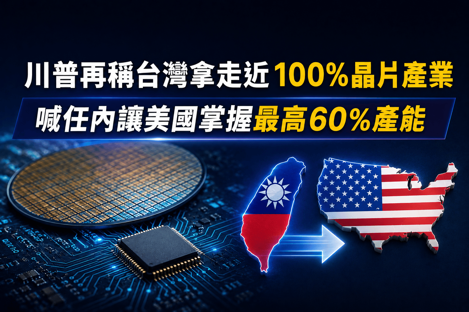 川普再稱台灣拿走近100%晶片產業 喊任內讓美國掌握最高60%產能 川普再稱台灣拿走近100%晶片產業 喊任內讓美國掌握最高60%產能
